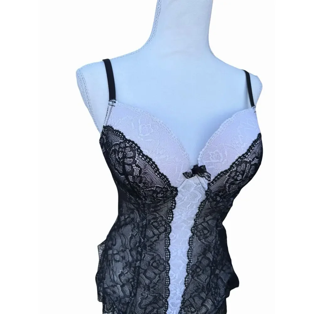 Fredericks of Hollywood Bustier Corset L Black White Lace Sheer Boned Top